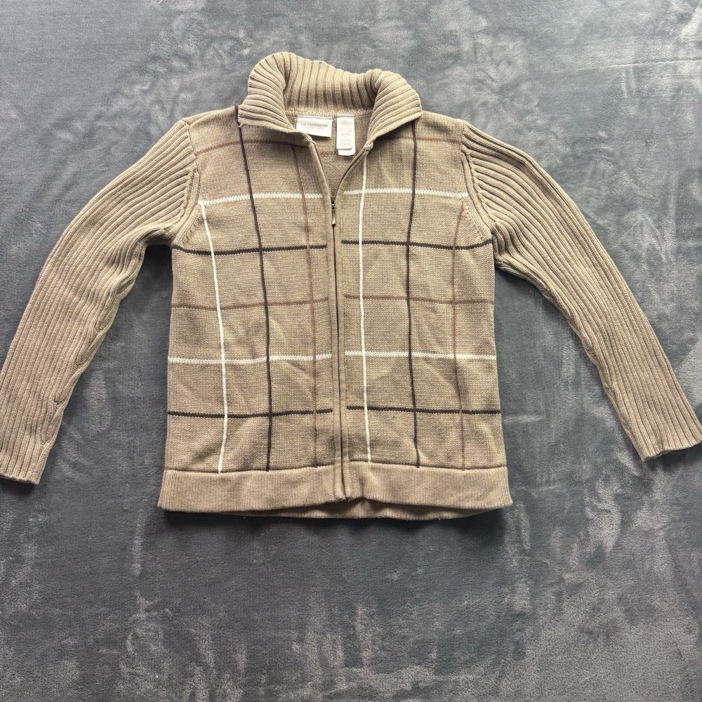Liz Claiborne Liz Sport Full Zip Sweater Jacket Womens PS Brown Plaid Ribbed